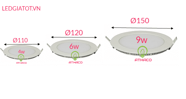 Kích thước đèn led âm trần 4w, 6w, 9w chuẩn công suất