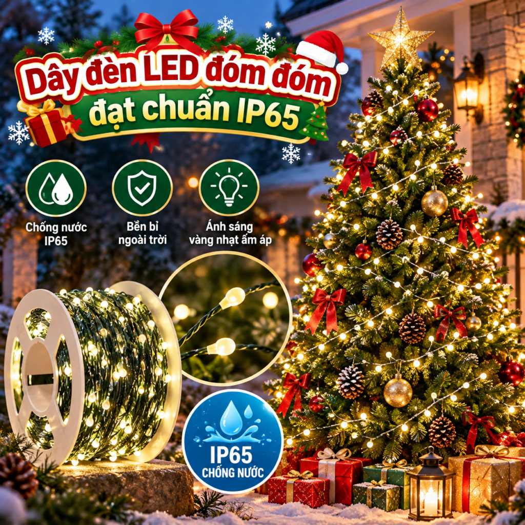 6. Dây đèn LED đom đóm 50m, 100m kẽm xanh trang trí cây thông noel