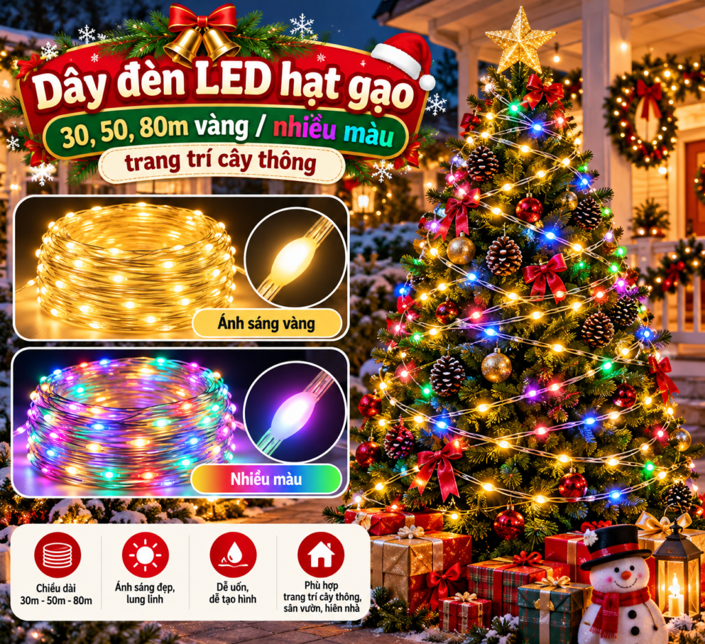 5. Dây đèn LED hạt gạo 30m, 50m, 80m dây mềm trang trí cây thông noel