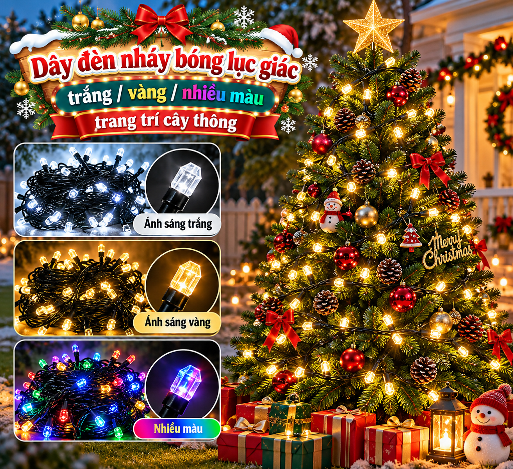 3. Dây đèn nháy bóng lục giác 30m - 40m - 50m dây đen trang trí cây thông noel