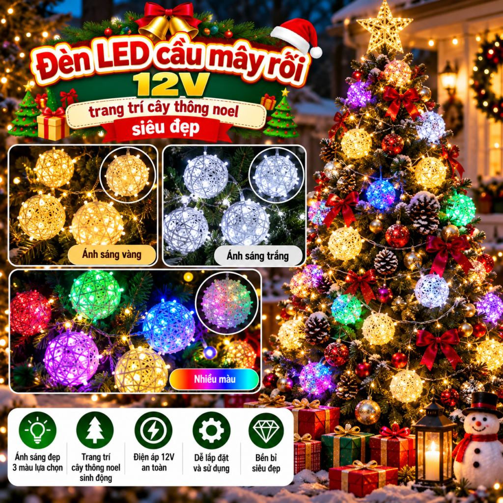 13. Đèn LED quả cầu mây trang trí cây thông noel siêu HÓT
