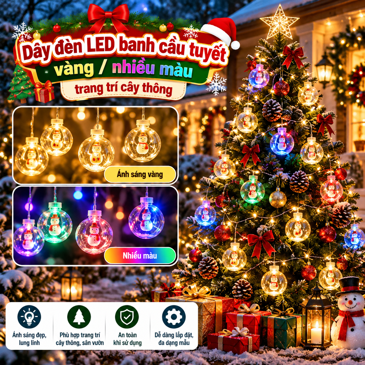 9. Dây đèn rèm LED banh cầu tuyết trang trí cây thông