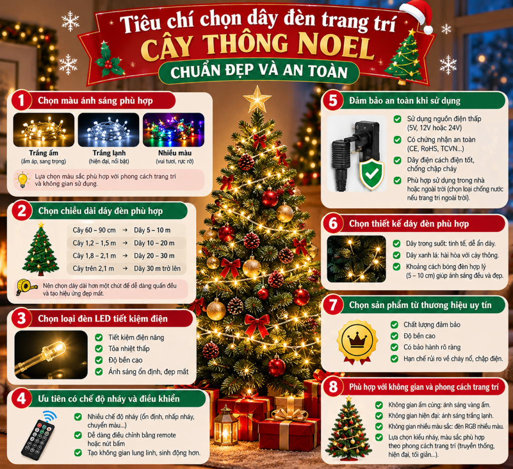 Tiêu chí chọn dây đèn trang trí cây thông Noel chuẩn đẹp và an toàn