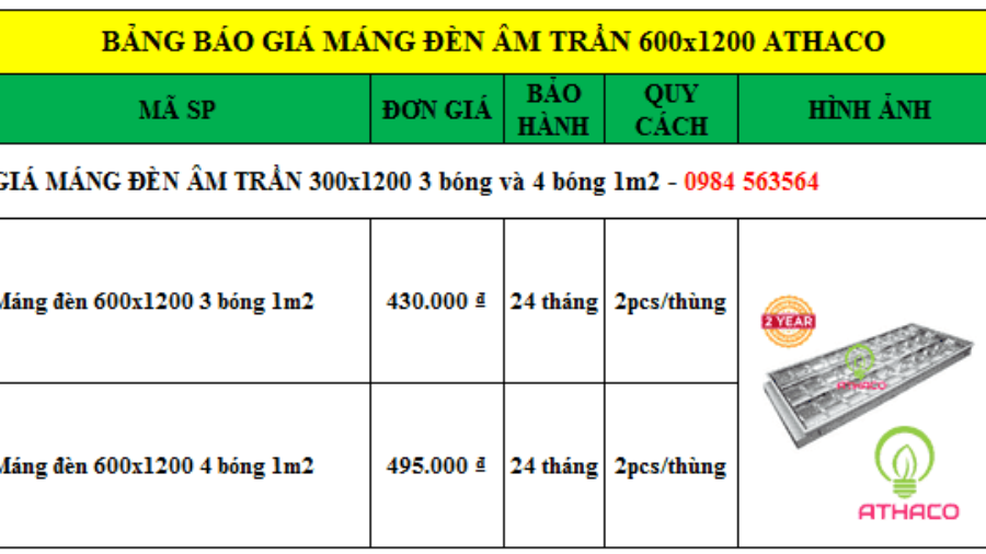 Bảng báo giáng máng đèn âm trần 3 bóng 1m2 xương cá