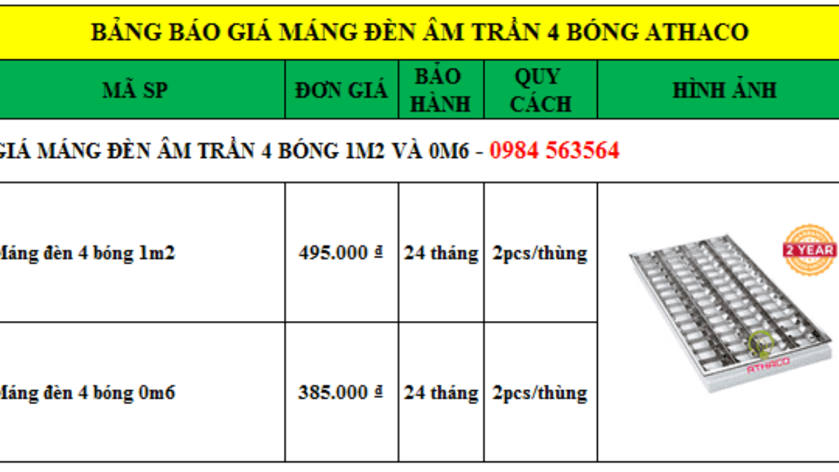 Báo giá máng đèn âm trần 4 bóng 0m6 và 1m2 Siêu Rẻ