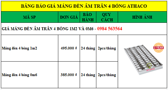 Báo giá máng đèn âm trần 4 bóng 0m6 và 1m2 Siêu Rẻ