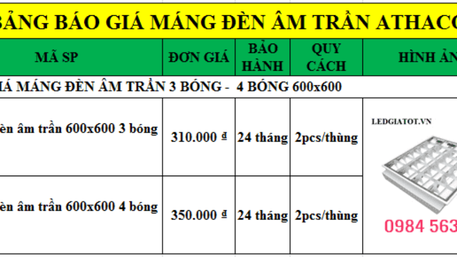 Báo giá máng đèn âm trần 600x600 bóng 0.6m Siêu Rẻ