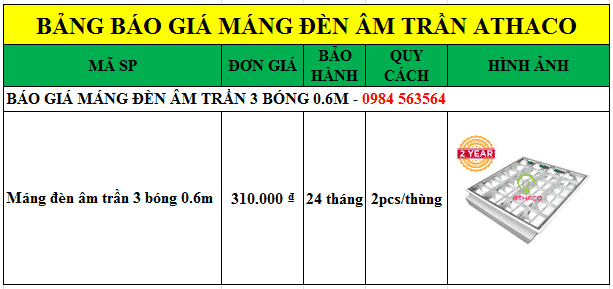 Báo giá máng đèn âm trần 3 bóng 0.6m Siêu Rẻ