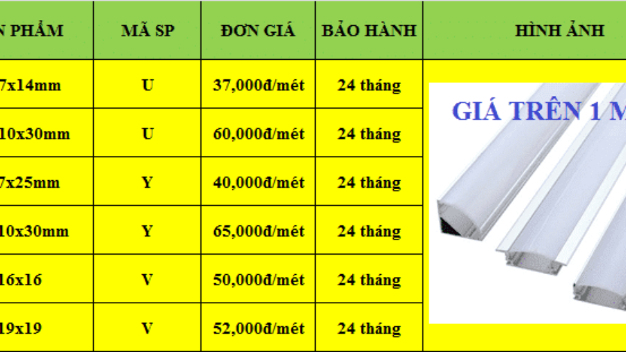 Bảng giá thanh nhôm đèn led cho tủ kệ nội thất tại HCM