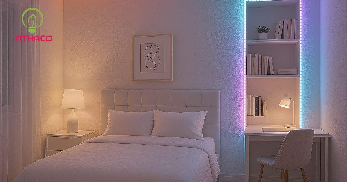 Dán đèn quanh góc làm việc hoặc kệ sách để tăng cảm hứng học tập, làm việc