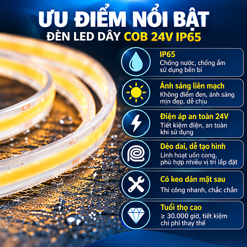 Ưu điểm nổi bật của mẫu đèn LED dây 24V COB IP65 AThaco