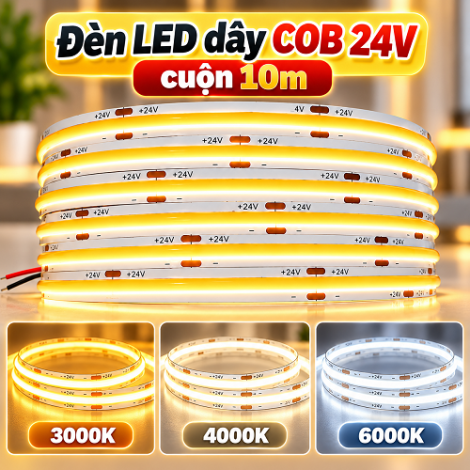 Đèn LED dây COB 24V cuộn 10m sáng liền mạch siêu sáng