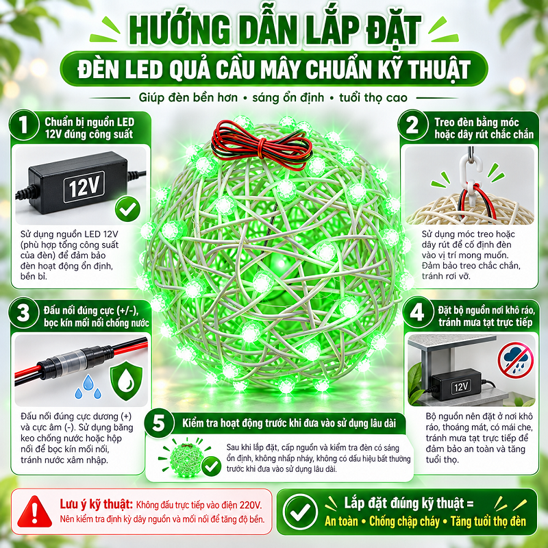 5. Hướng dẫn lắp đặt đèn cầu mây thả cây ngoài trời đúng kỹ thuật