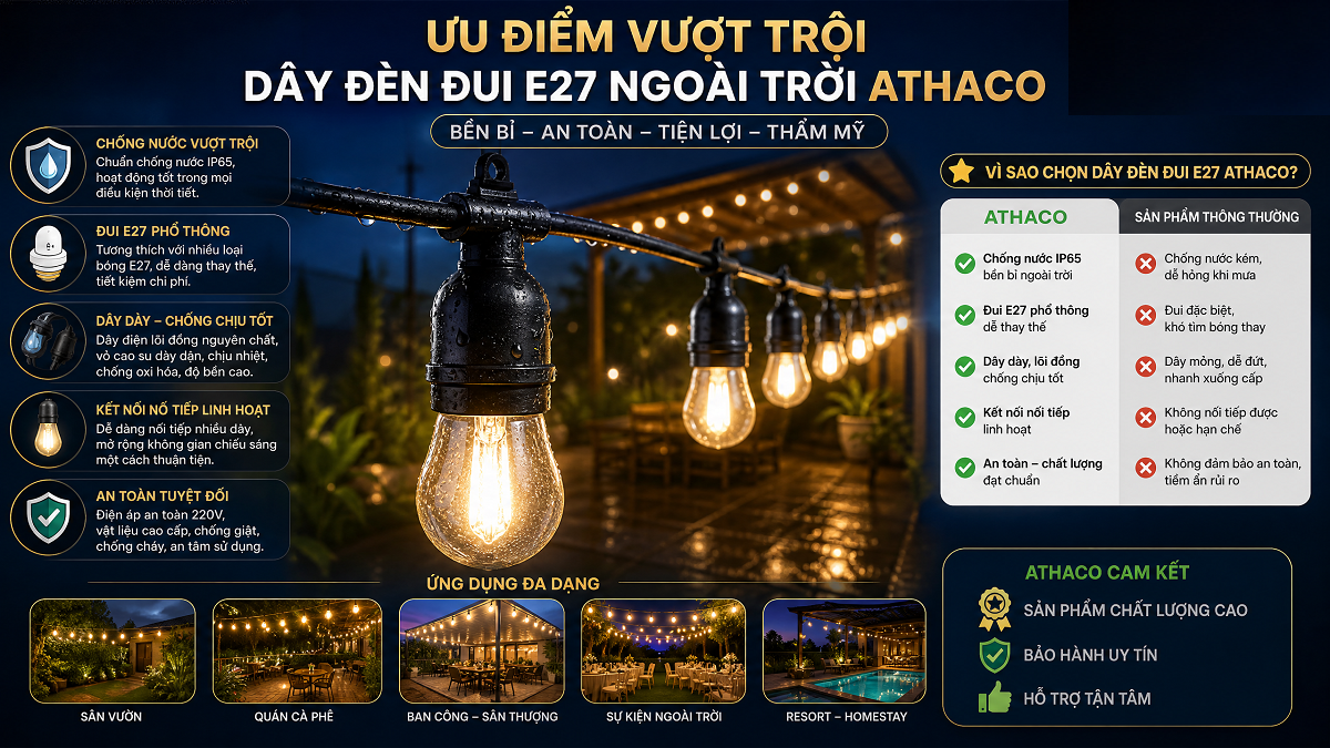 2. Ưu điểm vượt trội của dây đui đèn E27 ngoài trời AThaco